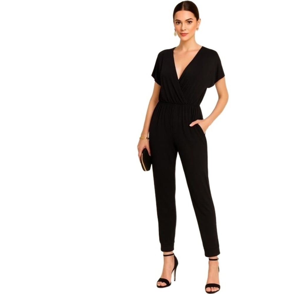 Loveappelia Jumpsuit Womens Medium Petite Classy Black Soft Stretch Knit Pockets
